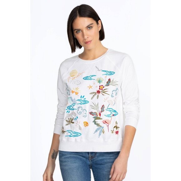 Johnny Was Tops - Johnny Was Florida Embroidered Raglan Sweatshirt White L